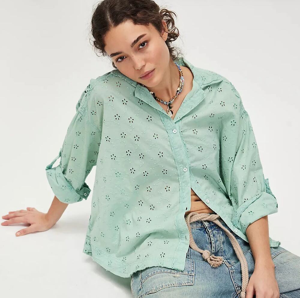 Free People We The Free Mae Washed Eyelet Shirt Faded Mint Green S